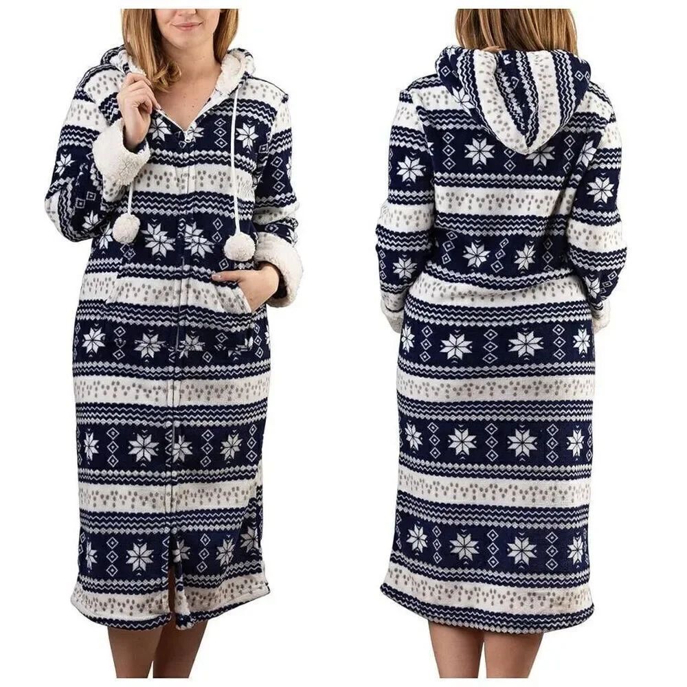 TrailCrest Soft Christmas Fleece Zip Up Lounge Robe Hoodie Sleepwear Size XL
